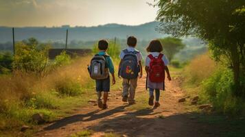 niños caminando en un camino que lleva mochilas foto