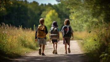 Children walking on a path carrying backpacks photo