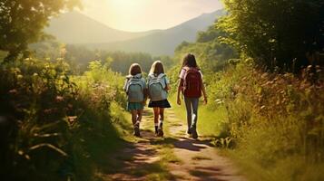 Children walking on a path carrying backpacks photo
