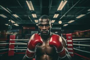profesional Boxer posando con su guantes en en el boxeo anillo foto