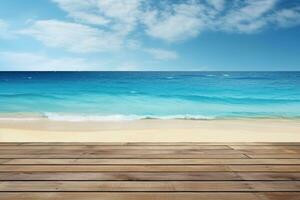 Beautiful scenery of the sea with wooden table on the beach photo