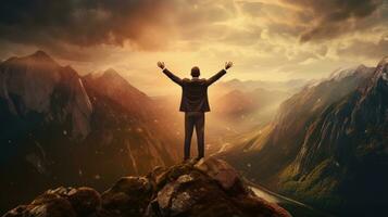 A business person standing on top of a mountain photo