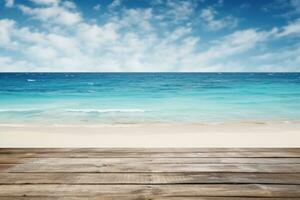 hermosa paisaje de el mar con de madera mesa en el playa foto
