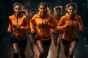 Female athletes taking a quick jog in the rain photo