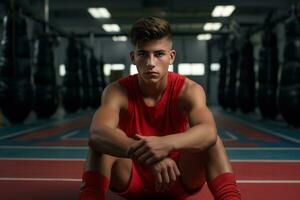 un Boxer se sienta en el piso de el gimnasio y mira a el cámara foto