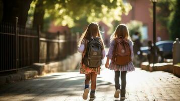 dos joven muchachas son caminando con su mochilas foto