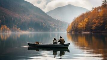 un antiguo hombre es pescar mientras sentado en un barco en el medio de un lago foto