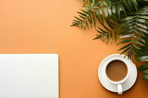 Office desk table with keyboard and coffee cup. Top view with copy space. Generative AI photo