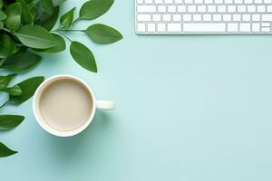 Office desk table with keyboard and coffee cup. Top view with copy space. Generative AI photo