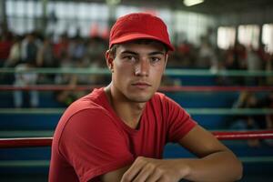 joven hombre en rojo béisbol gorra dentro un boxeo anillo foto