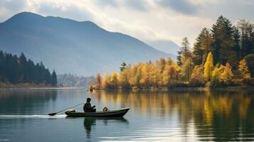 un antiguo hombre es pescar mientras sentado en un barco en el medio de un lago foto