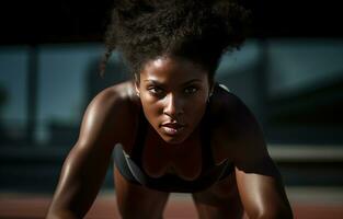 mujer extensión ejercicio en atletismo en pista foto