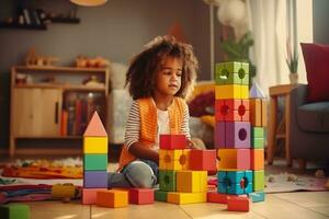 Cute kid in the living room building with blocks in the room photo