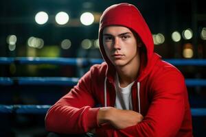 Young man in red baseball cap inside a boxing ring photo