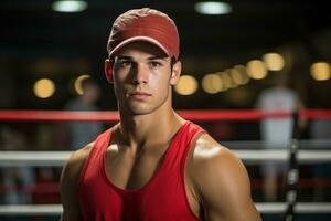 joven hombre en rojo béisbol gorra dentro un boxeo anillo foto