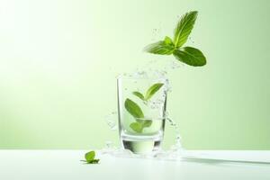 Glass of water with mint leaves photo