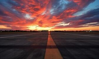 el puesta de sol con el aeropuerto pista en el distancia foto