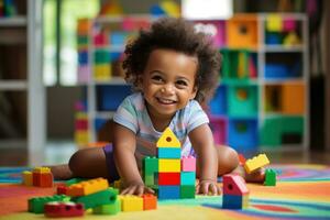 Cute kid in the living room building with blocks in the room photo