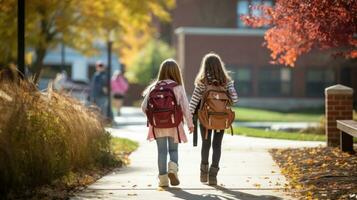 dos joven muchachas son caminando con su mochilas foto