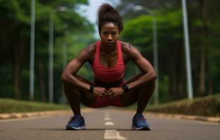 Fitness sport of woman stretching on park road photo