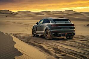 luxury car on sand dunes. Generative AI photo