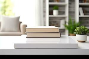 Close - up Modern white table top with free space to edit your product display with books above the living room blurred in the background. Generative AI photo