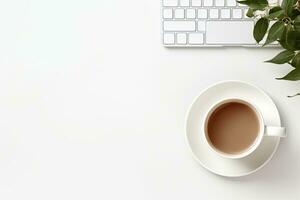 Office desk table with keyboard and coffee cup. Top view with copy space. Generative AI photo