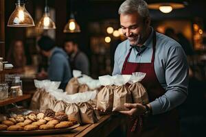 Employees package customers with fresh pastries in a stylish shop.. Generative AI photo