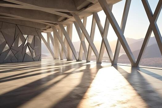 architecture empty room with window and mountain background with sunlight. Generative AI photo