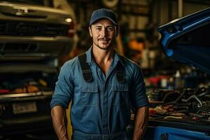 técnico, masculino auto mecánico en bata en moderno auto reparar comercio, cochera. generativo ai foto