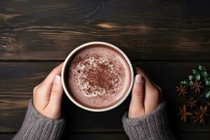 hembra manos participación un taza de caliente chocolate con cacao polvo en de madera antecedentes. generativo ai foto