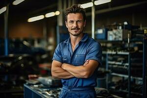 Technician, male auto mechanic in coverall in modern auto repair shop, garage. Generative AI photo