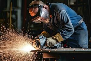 Industrial worker wearing protective clothing and mask welding metal in factory. Generative AI photo