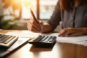 Accounting Calculating Mathematic Economic Finance Concept.Businessman using calculator and writing financial report in office. Generative AI photo