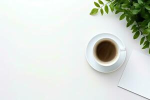 Office desk table with keyboard and coffee cup. Top view with copy space. Generative AI photo