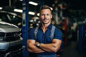 Technician, male auto mechanic in coverall in modern auto repair shop, garage. Generative AI photo