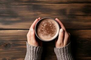 Female hands holding a cup of hot chocolate with cocoa powder on wooden background. Generative AI photo