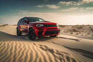luxury car on sand dunes. Generative AI photo