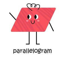 Vector red parallelogram character. Cute geometric figure with face and blush. Illustration with parallelogram text for school and kindergarten. Cute funny parallelogram shape character for kids.