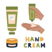 Vector cream tubes and cream jar in flat design. Beauty and skincare cosmetic set. Daily routine collection. Black skin hand squeezing cream from a green tube onto a palm. Hand cream text.