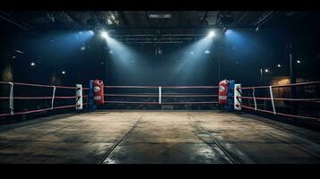 A modern boxing ring was empty with spotlights lit up. Generative Ai photo