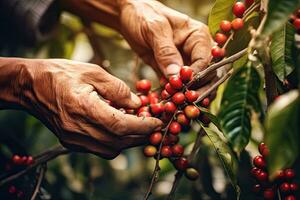 Agriculture picking coffee berries, Farmer's hand picking Arabica coffee berries or Robusta berries by the hands. Vietnam. Generative Ai photo