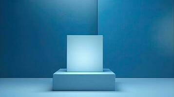 Advertising, Blue background for product presentation with shadows and light. Empty cubic podium. Generative Ai photo