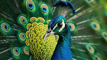 Portrait of beautiful peacock with feathers out. Generative Ai photo