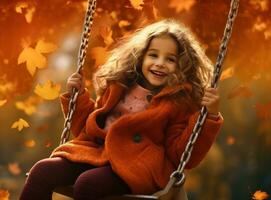 Little girl in autumn swinging in the park with some red and yellow leaves photo