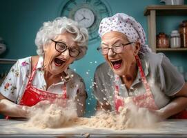 Old couple cooking at the kitchen photo