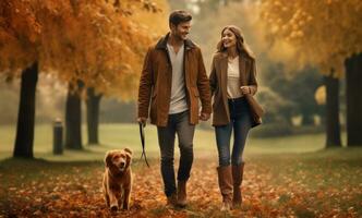 couple walking their dog in autumn park photo