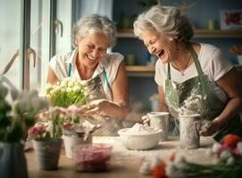 Old couple cooking at the kitchen photo