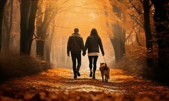 couple walking their dog in autumn park photo
