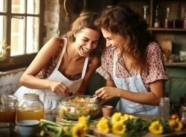 Woman and daughter cook together photo